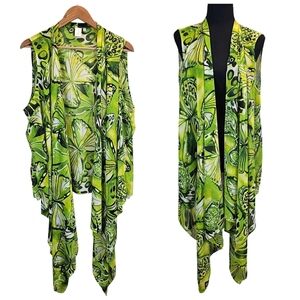 Jones New York Butterfly Kimono Vest Green Boho Waterfall Hem Layering Piece XL